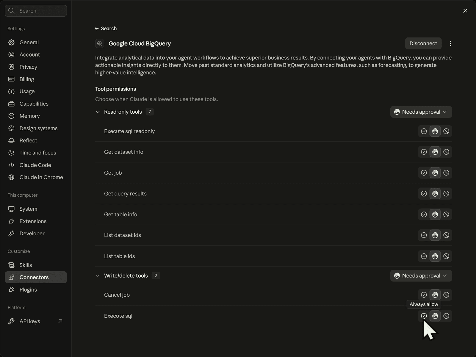 Google Cloud BigQuery connector permissions: seven read-only tools and two write/delete tools, all set to Needs approval, with the pointer over Always allow on Execute sql