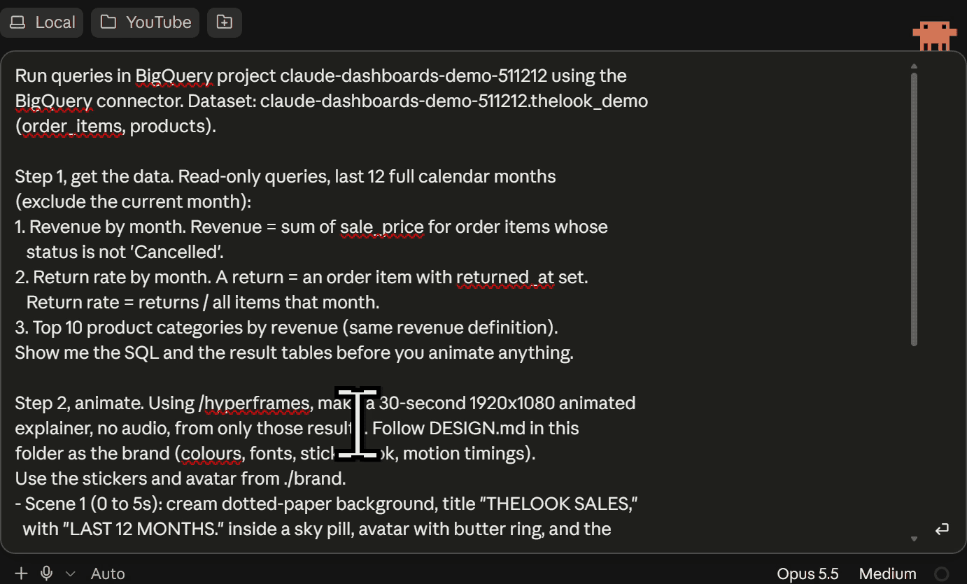 Claude Code with the query-then-animate prompt typed in, using Opus 5.5 at medium effort