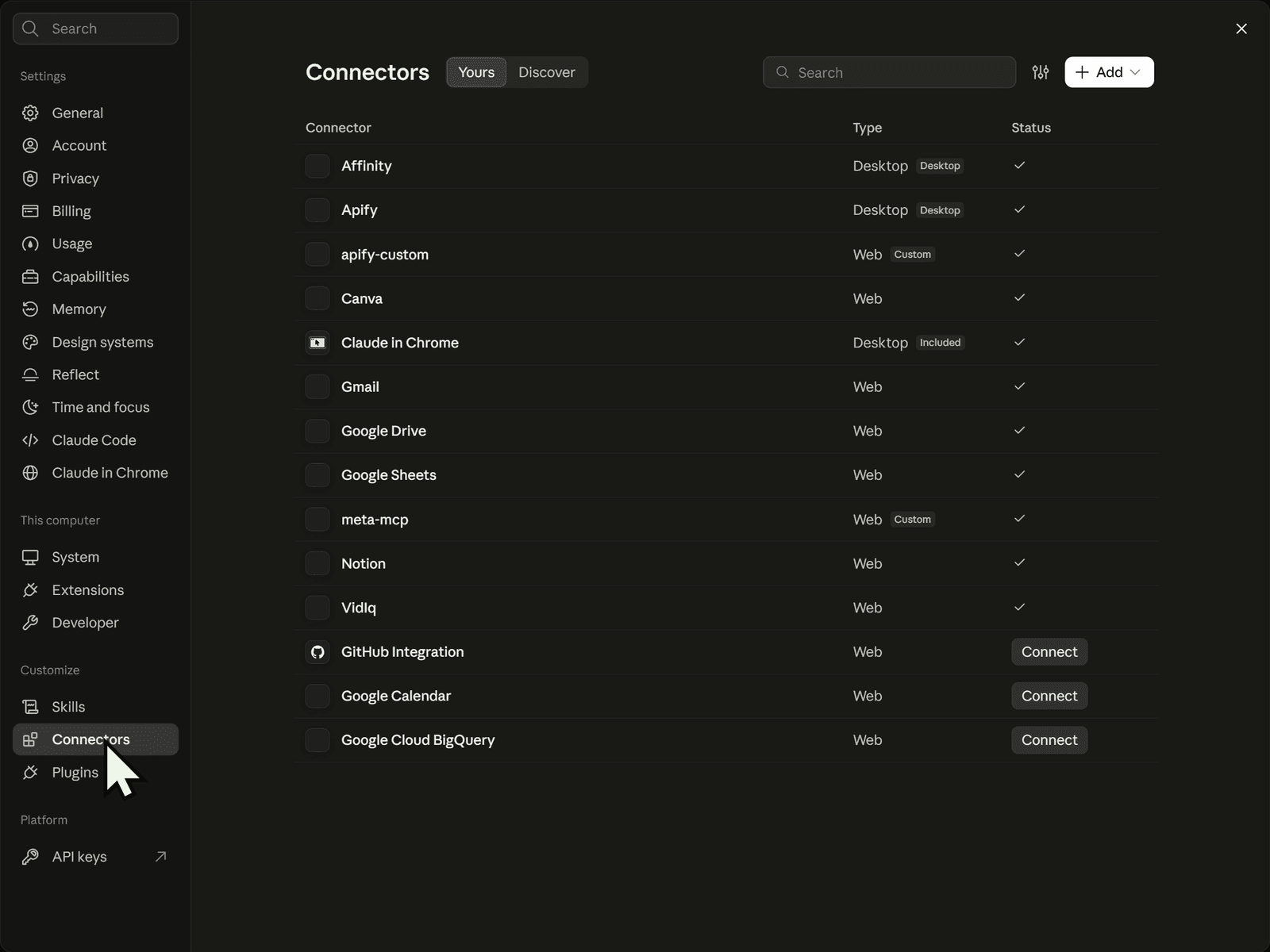 Claude Desktop Connectors settings listing Google Cloud BigQuery with a Connect button