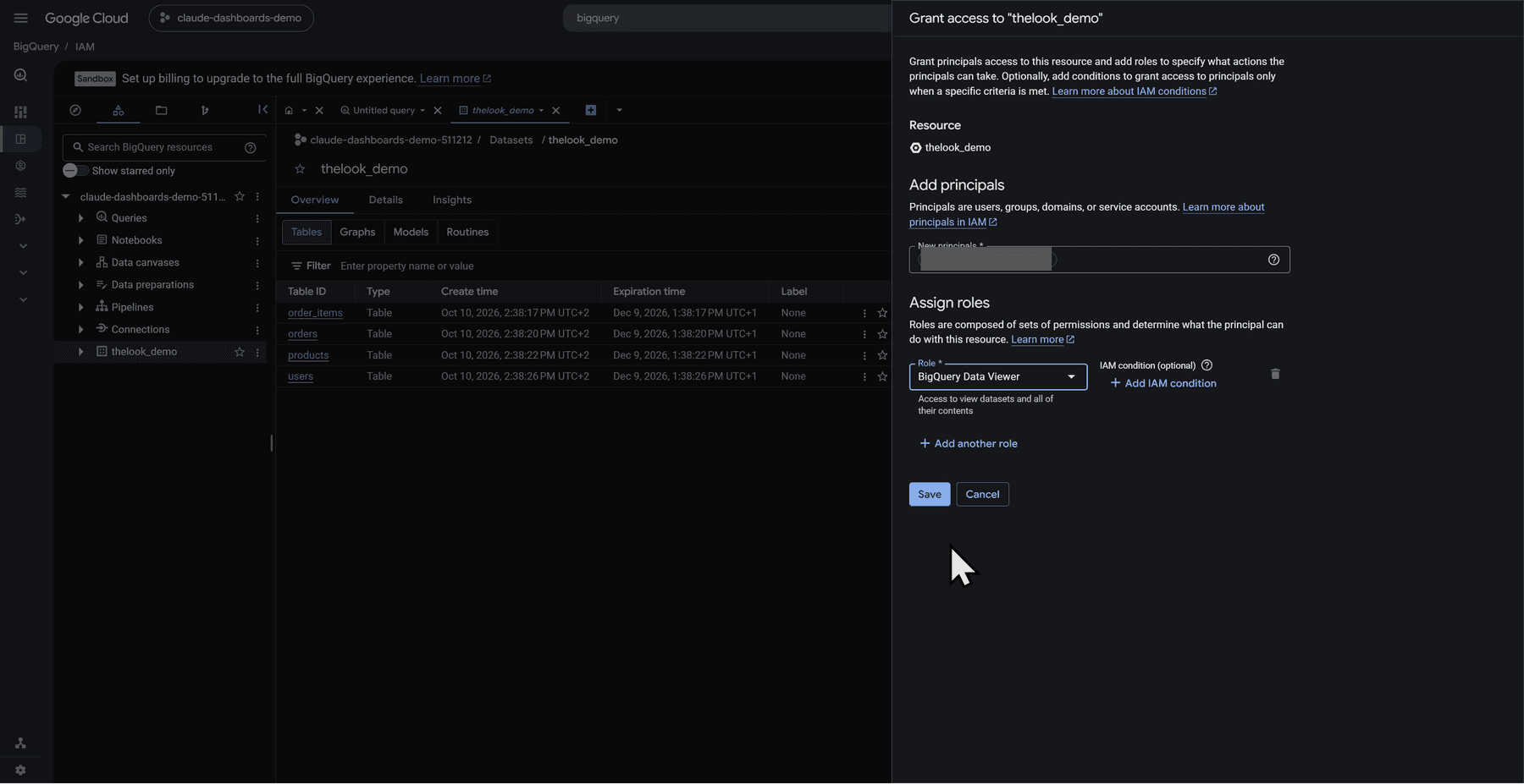The dataset share panel with BigQuery Data Viewer selected, with the email address hidden
